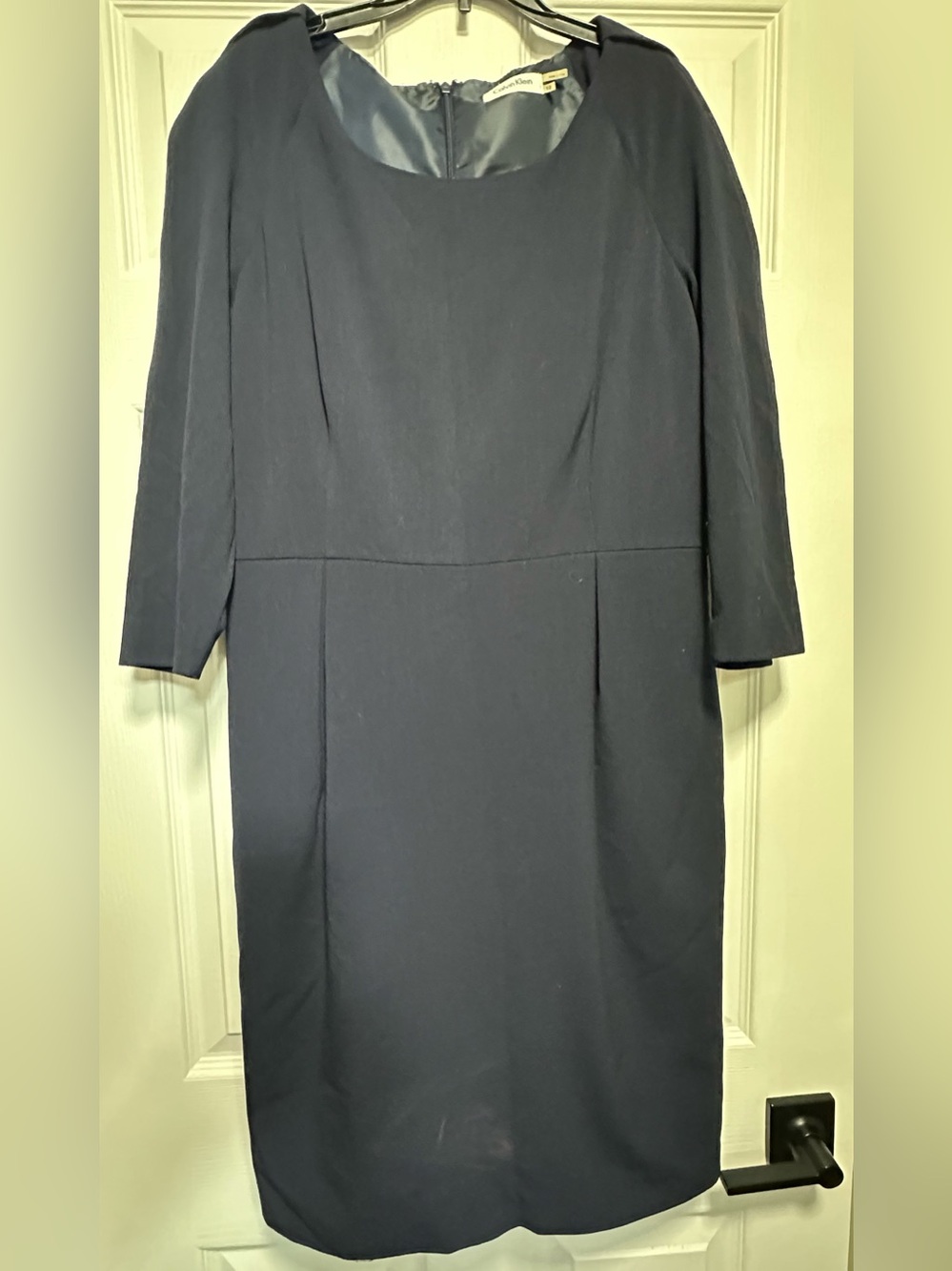 Calvin Klein Navy Midi Sheath Dress with Three-Quarter Sleeves